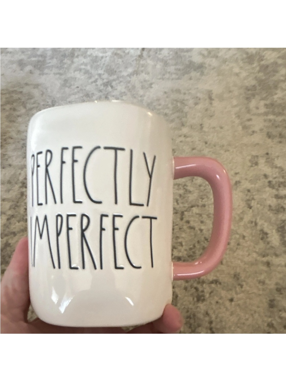Rae Dunn 'Perfectly Imperfect' White Mug with Pink Handle